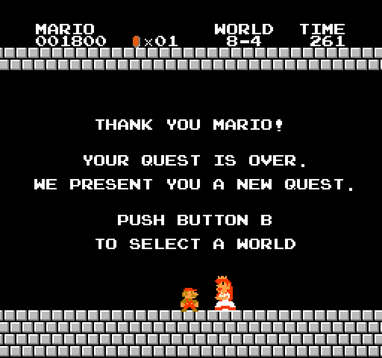 The Super Mario Bros ending screen: THANK YOU MARIO! YOUR QUEST IS OVER.